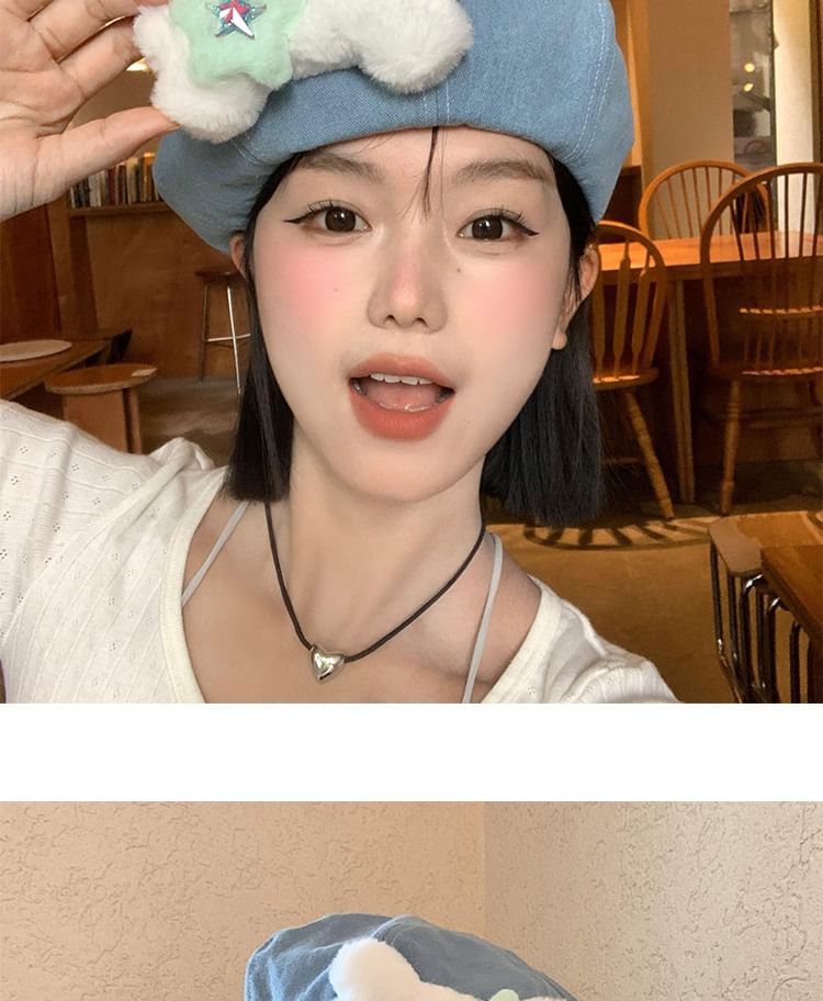 Bone Beret Denim Accent Washed