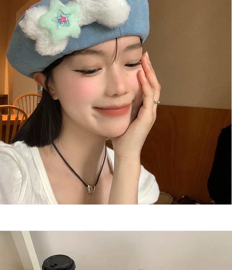 Bone Beret Denim Accent Washed