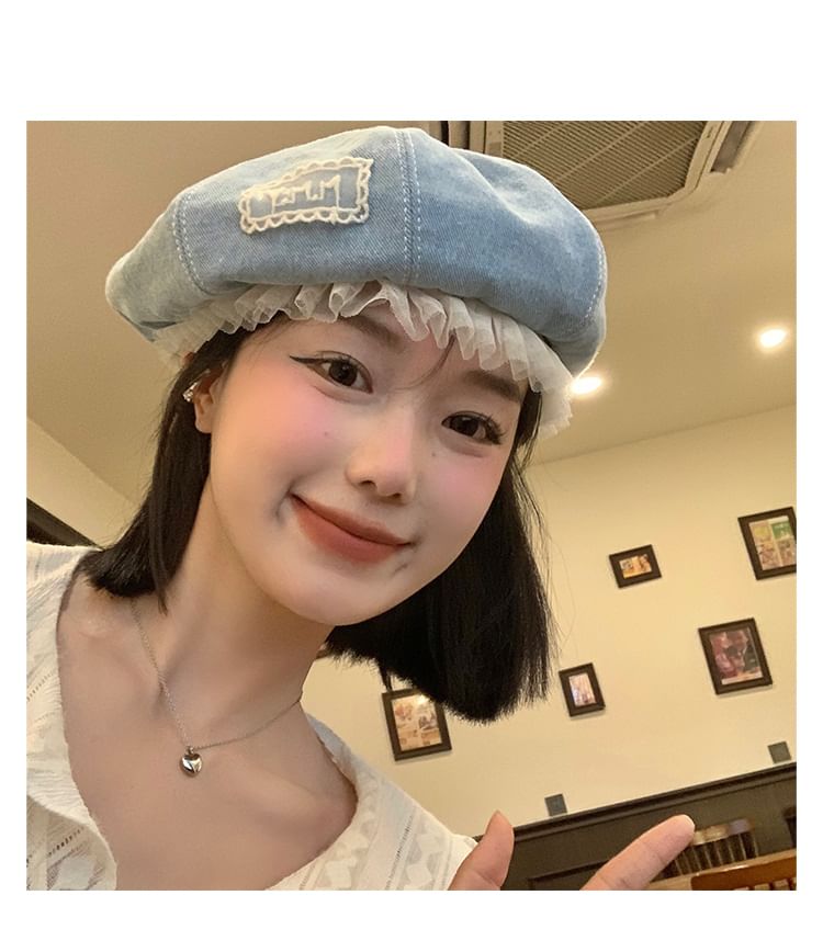 Beret Applique Lettering Mesh Denim Panel