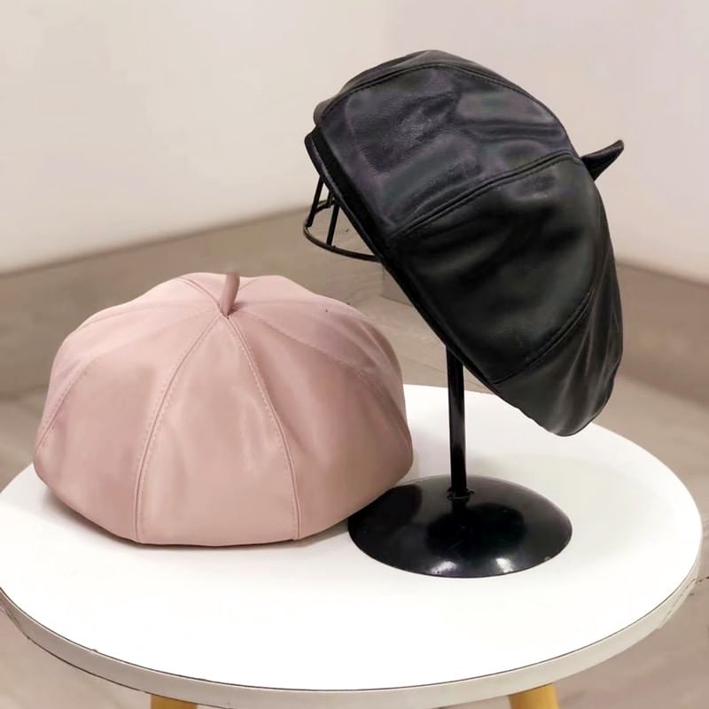 Leather Plain Beret Faux