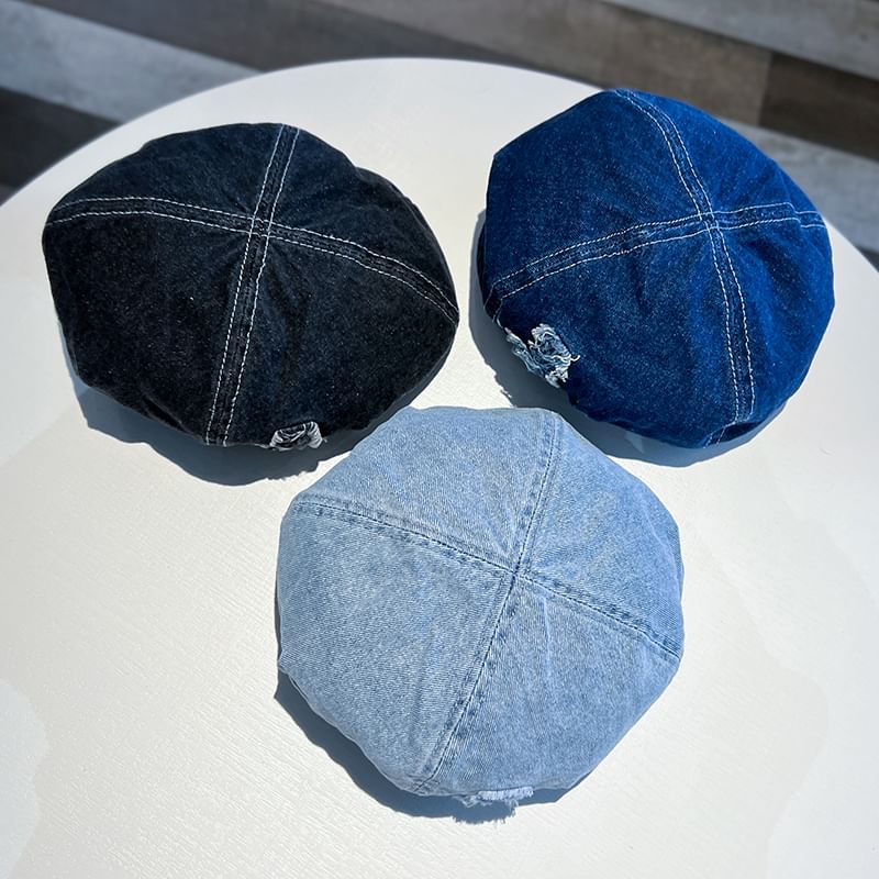 Distressed Denim Washed Beret