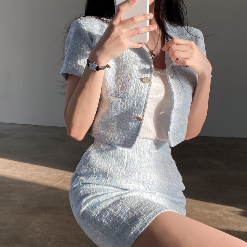 Set: Short-Sleeve Light Tweed Button-Up Shirt + High Waist Mini Pencil Skirt