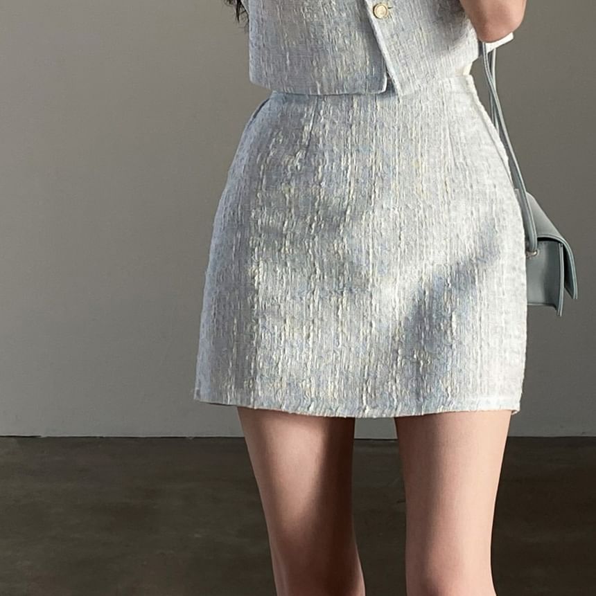 Set: Short-Sleeve Light Tweed Button-Up Shirt + High Waist Mini Pencil Skirt