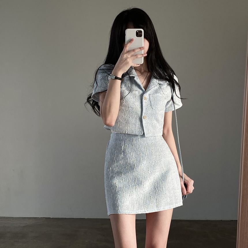 Set: Short-Sleeve Light Tweed Button-Up Shirt + High Waist Mini Pencil Skirt