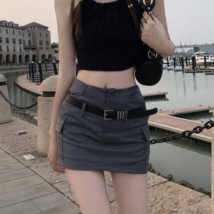 Belted Mini Pencil Skirt Set in Solid Tone