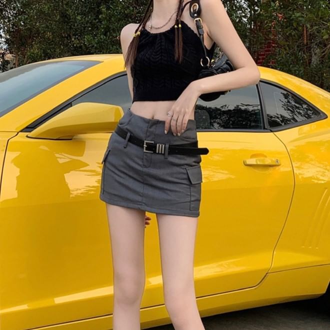 Belted Mini Pencil Skirt Set in Solid Tone