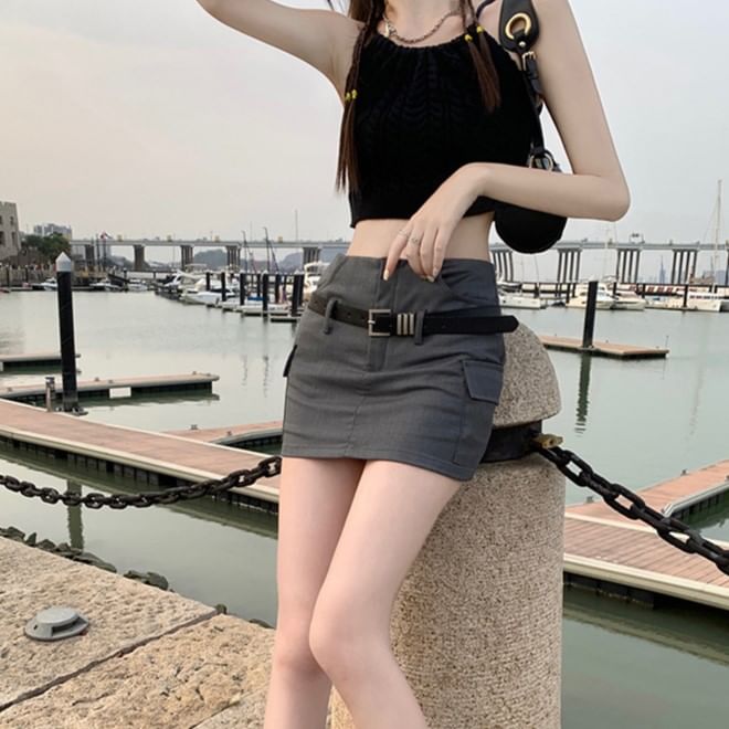 Belted Mini Pencil Skirt Set in Solid Tone
