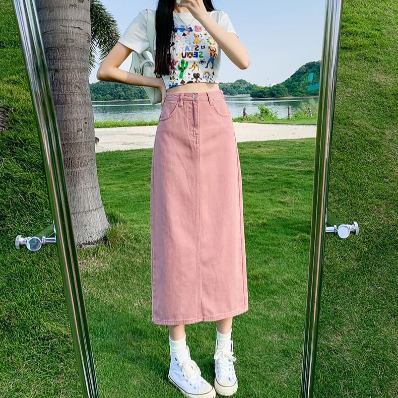 Denim Straight Skirt with Slit and High Waist