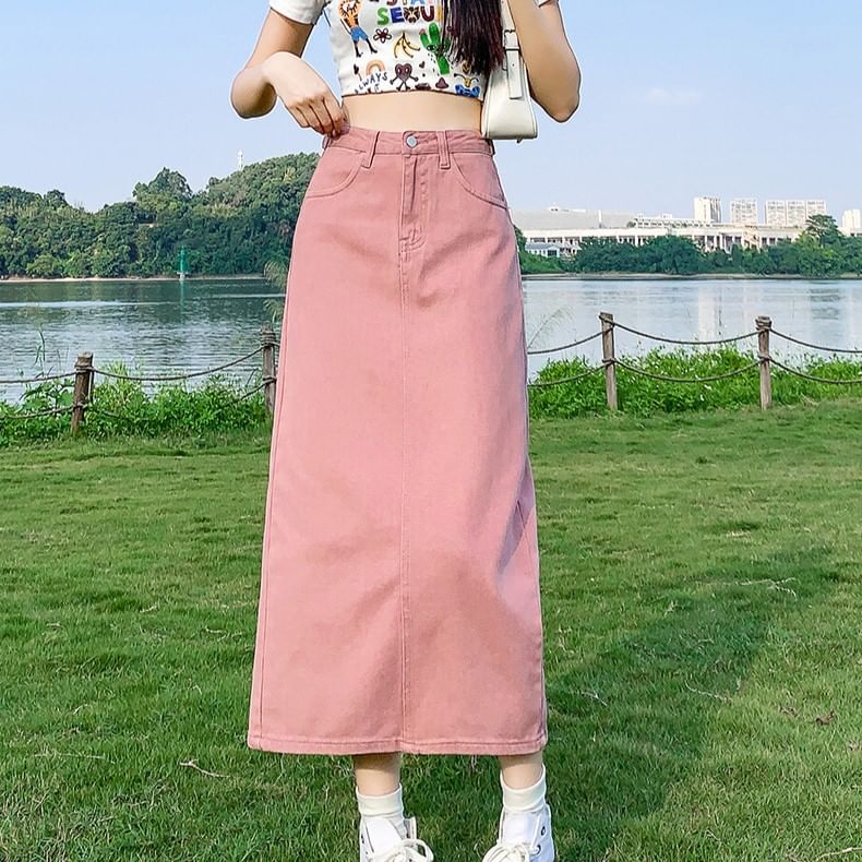 Denim Straight Skirt with Slit and High Waist