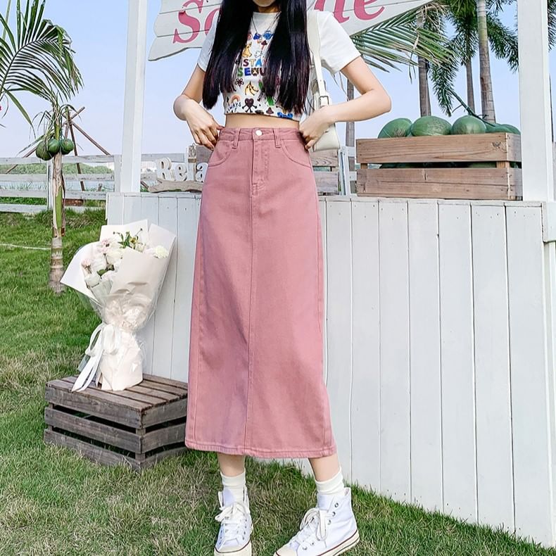 Denim Straight Skirt with Slit and High Waist