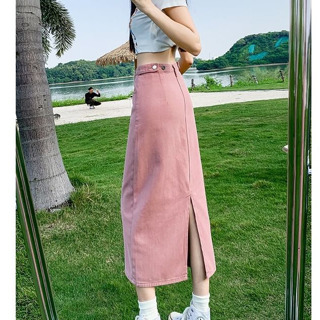 Denim Straight Skirt with Slit and High Waist
