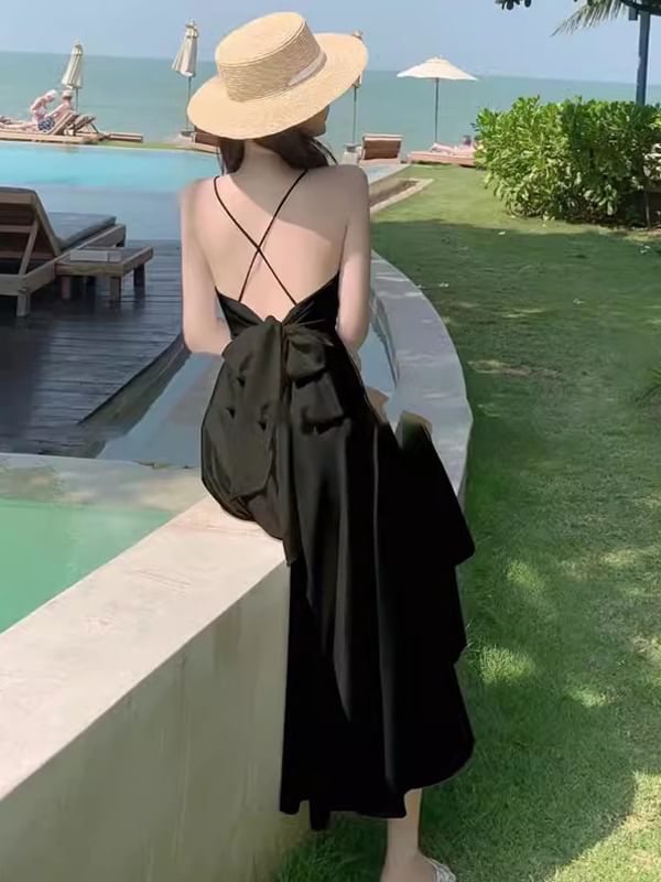 A-Line Plain Strap Maxi V-Neck Spaghetti Dress