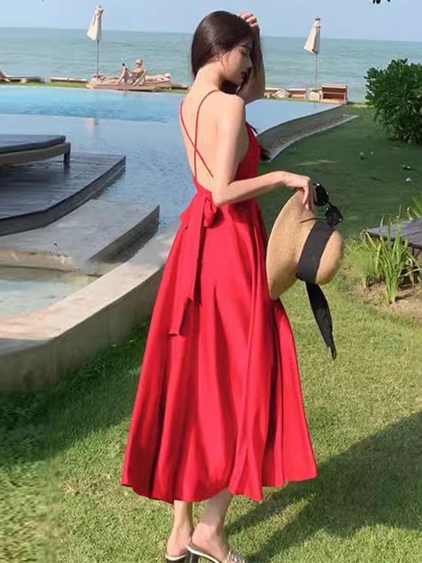 A-Line Plain Strap Maxi V-Neck Spaghetti Dress