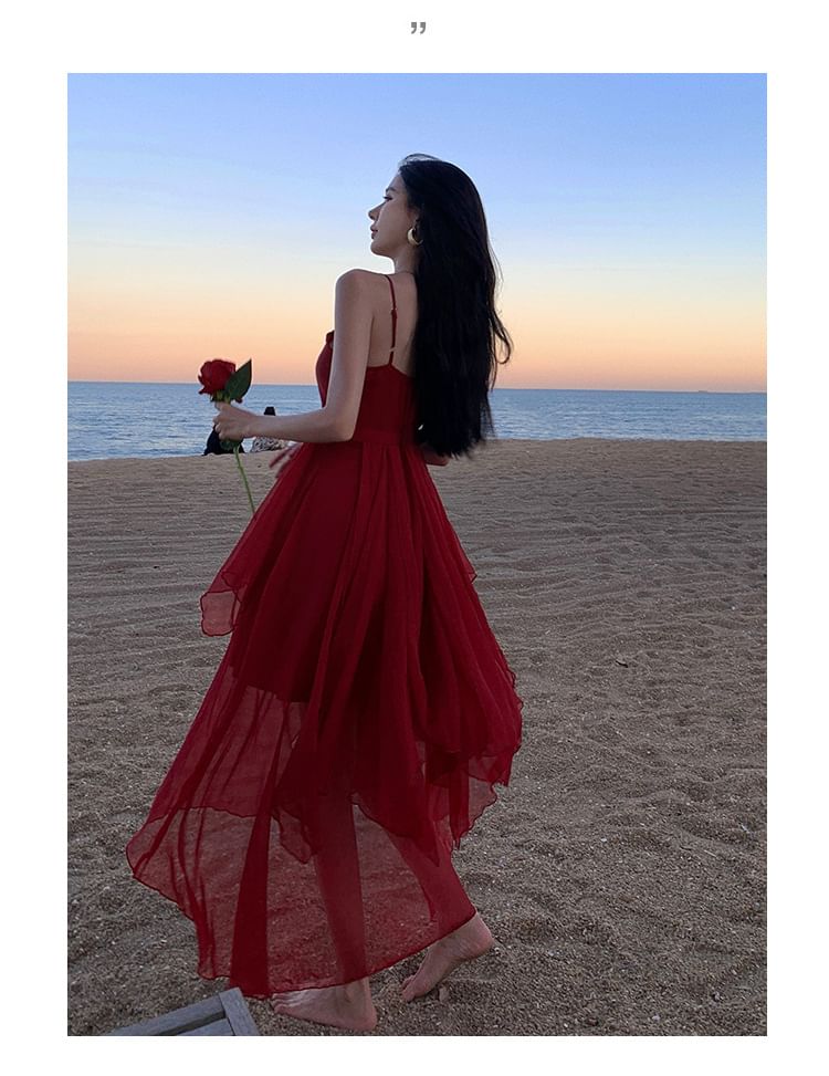 Sheer A-Line Strap Dress Asymmetrical Spaghetti