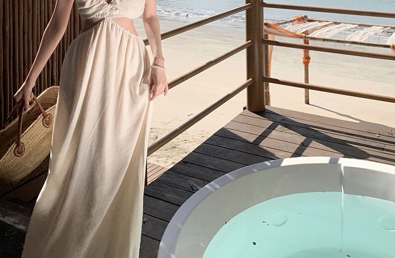 Spaghetti Plain Cutout V-Neck Dress A-Line Maxi Strap