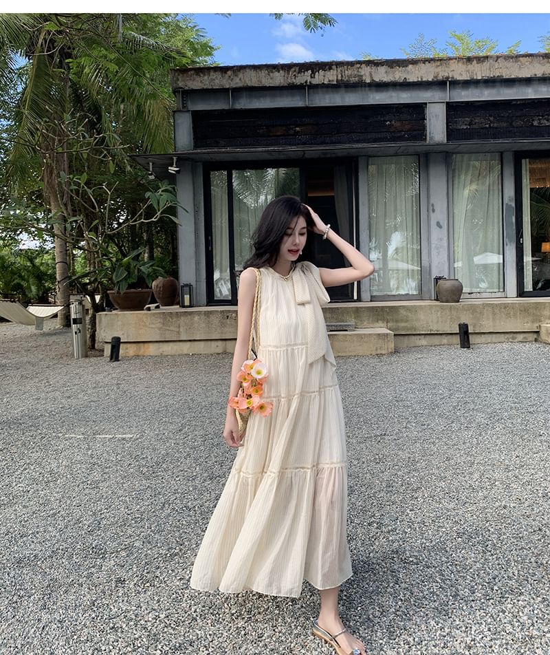 Dress A-Line Midi Crewneck Plain Sleeveless