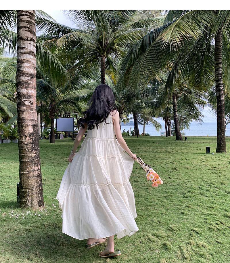 Dress A-Line Midi Crewneck Plain Sleeveless