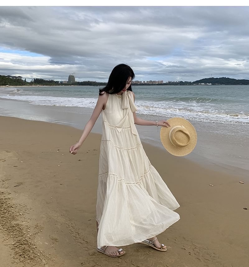 Dress A-Line Midi Crewneck Plain Sleeveless