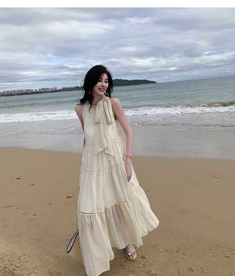 Dress A-Line Midi Crewneck Plain Sleeveless