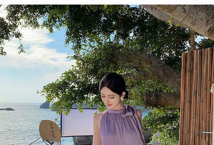 Crewneck A-Line Plain Maxi Sleeveless Dress