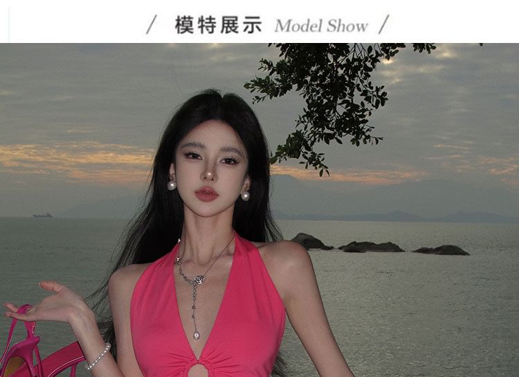 Plain Neck Midi Dress Halter Cutout Bodycon