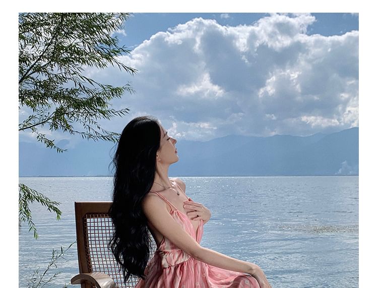 Floral Strap Dress Spaghetti Print Maxi V-Neck A-Line