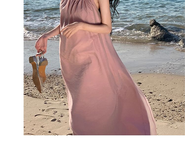 A-Line Neck Open Plain Dress Back Midi Halter