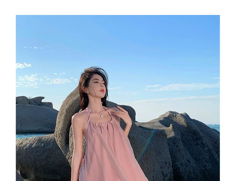 A-Line Neck Open Plain Dress Back Midi Halter