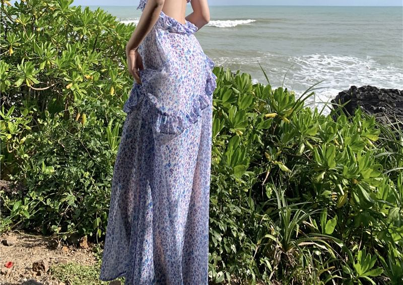 Midi Dress A-Line Strap Floral Spaghetti Print