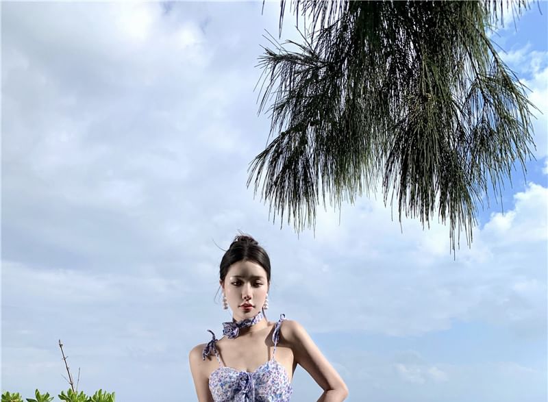 Midi Dress A-Line Strap Floral Spaghetti Print