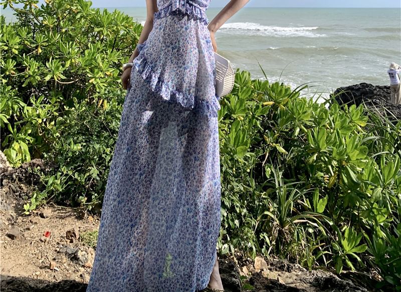 Midi Dress A-Line Strap Floral Spaghetti Print