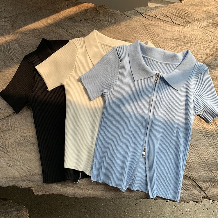 Knit Zip Plain Polo Top Short-Sleeve