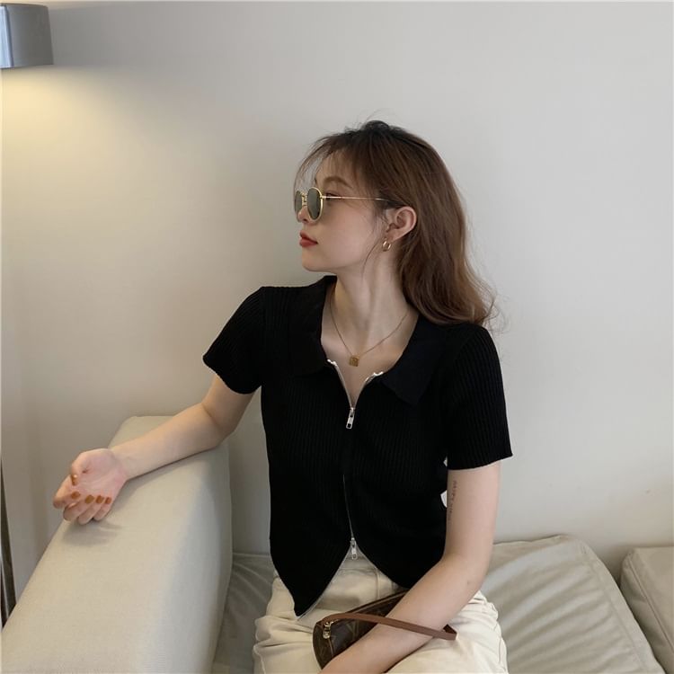 Knit Zip Plain Polo Top Short-Sleeve