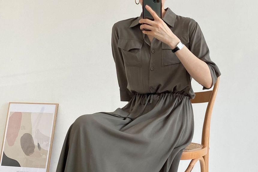 Long-Sleeve Collared Plain Drawstring Waist Maxi A-Line Shirt Dress