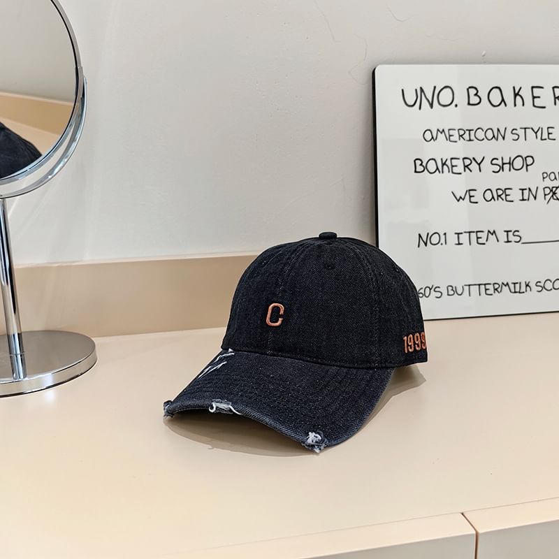 Distressed Denim Cap Baseball Lettering Embroidered