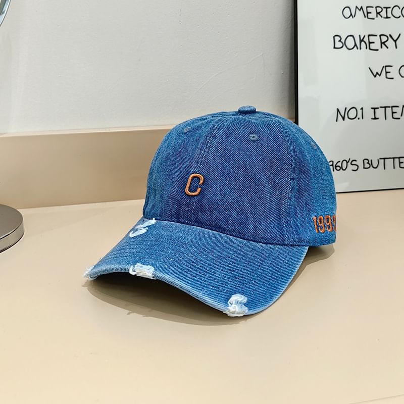 Distressed Denim Cap Baseball Lettering Embroidered