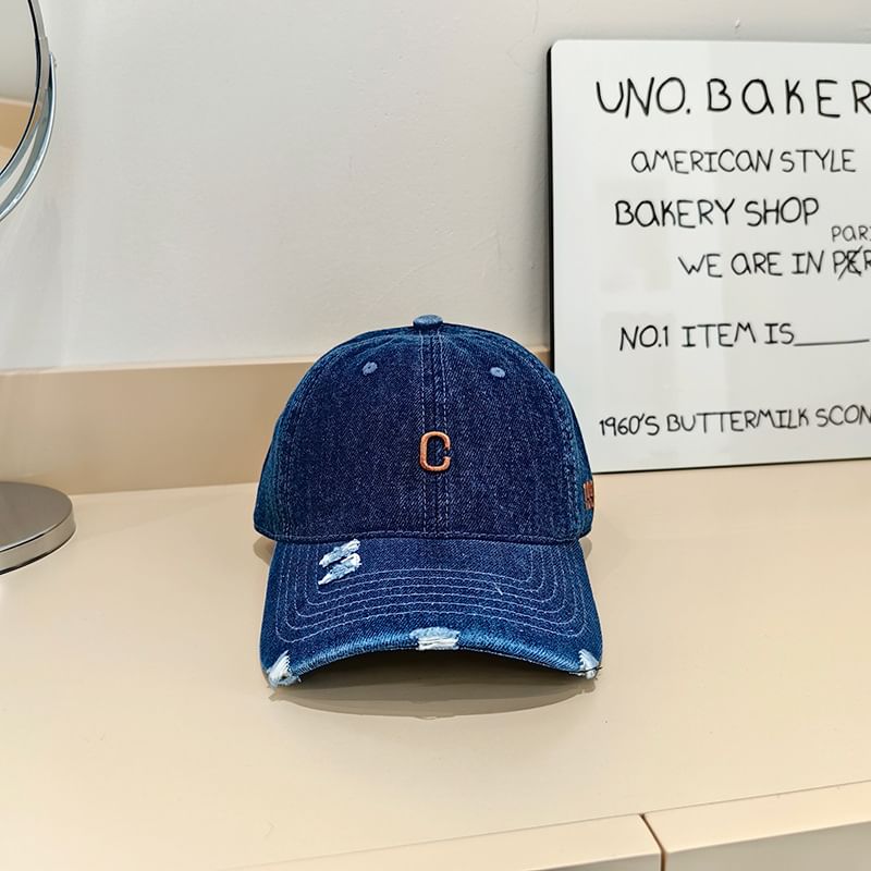 Distressed Denim Cap Baseball Lettering Embroidered