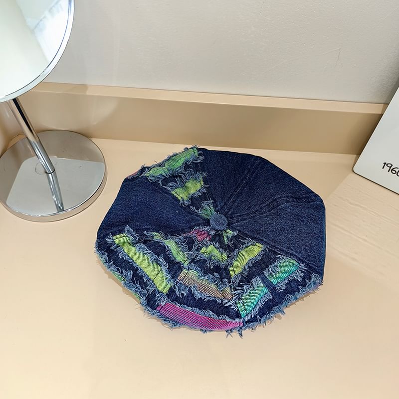 Striped Distressed Denim Beret Hat