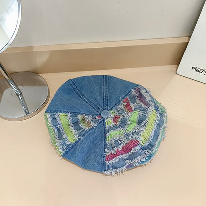 Striped Distressed Denim Beret Hat