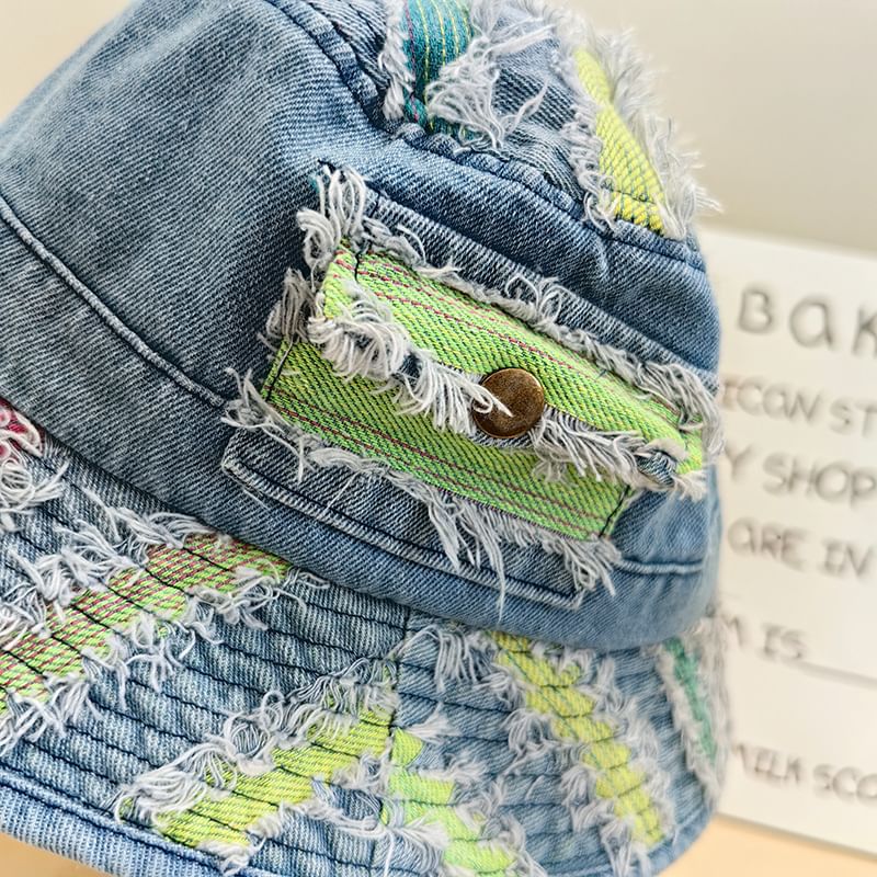 Striped Distressed Denim Bucket Hat