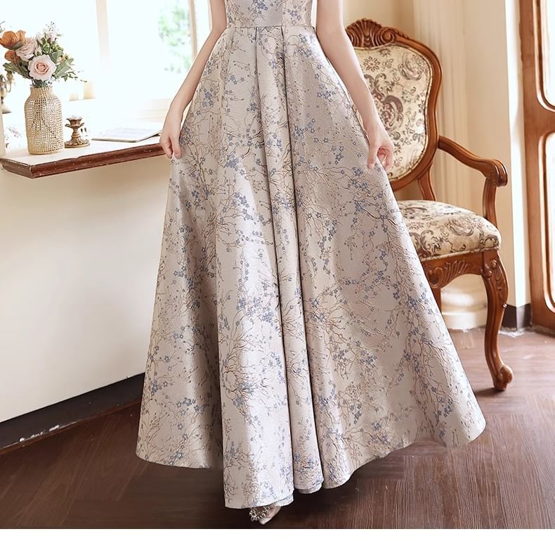 Gown Evening Puff-Sleeve A-Line Floral
