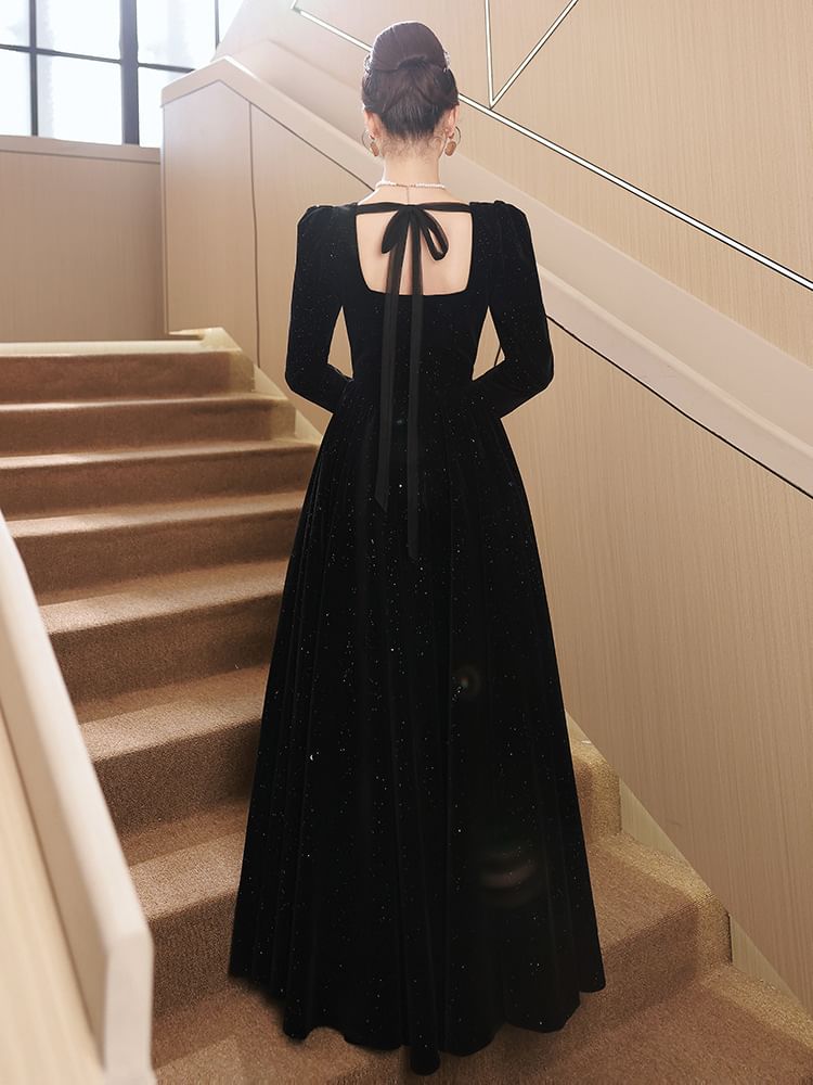 Square A-Line Gown Evening Long-Sleeve Neck Sequin