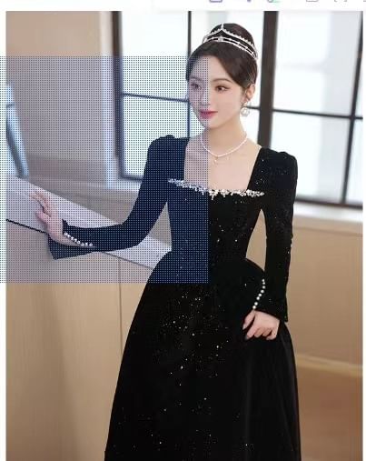 Square A-Line Gown Evening Long-Sleeve Neck Sequin