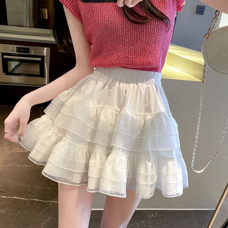 Tiered Lace Trim A-Line Mini Skirt with Elastic Waist