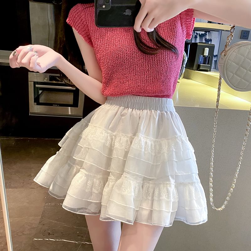 Tiered Lace Trim A-Line Mini Skirt with Elastic Waist