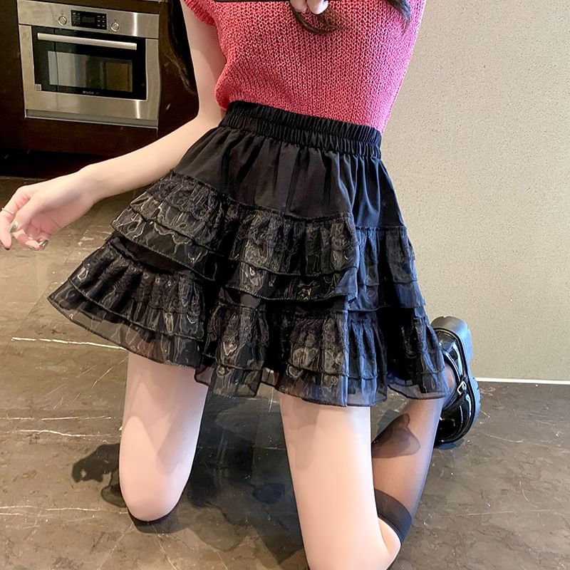 Tiered Lace Trim A-Line Mini Skirt with Elastic Waist