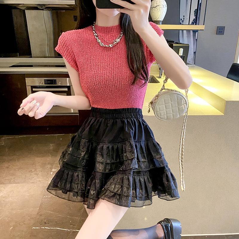 Tiered Lace Trim A-Line Mini Skirt with Elastic Waist