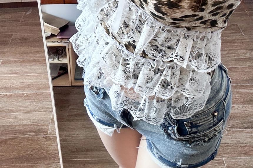 Bow Top Accent Lace Camisole Trim Print Leopard Crop