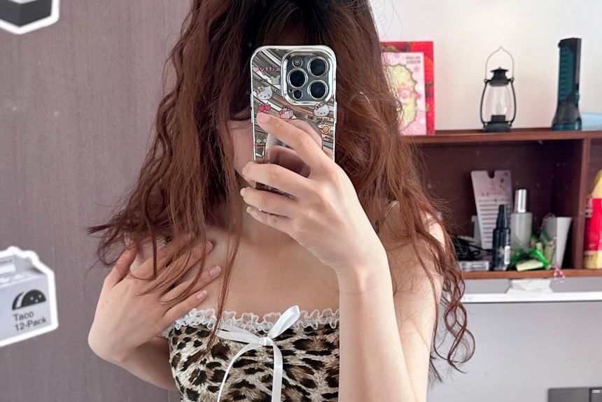 Bow Top Accent Lace Camisole Trim Print Leopard Crop