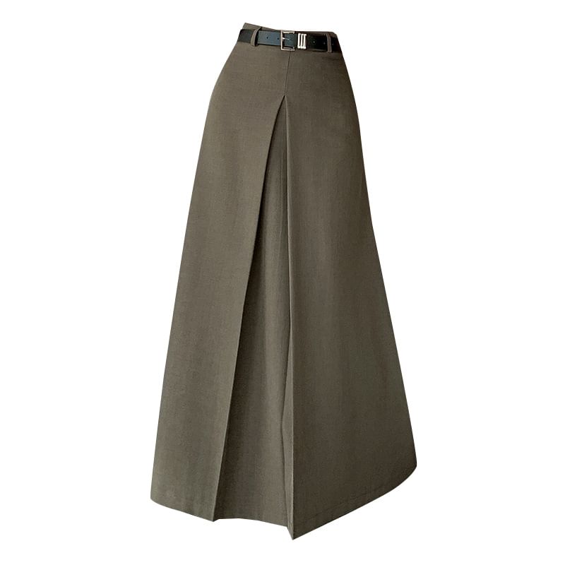 High Waist Plain Pleated Maxi A-Line Skirt